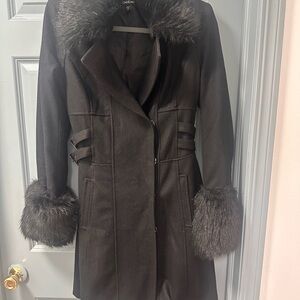 Bebe Black Trench Coat with Faux Fur Trim